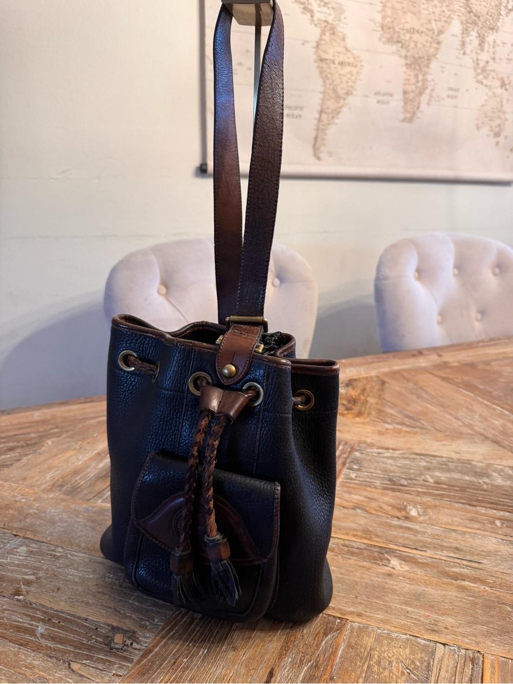 Dooney & Bourke Leather Drawstring Bucket Bag in Dark Brown